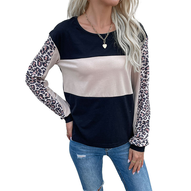 Damen Sweatshirt Gestreift Leopardenärmel Moderner Schnitt