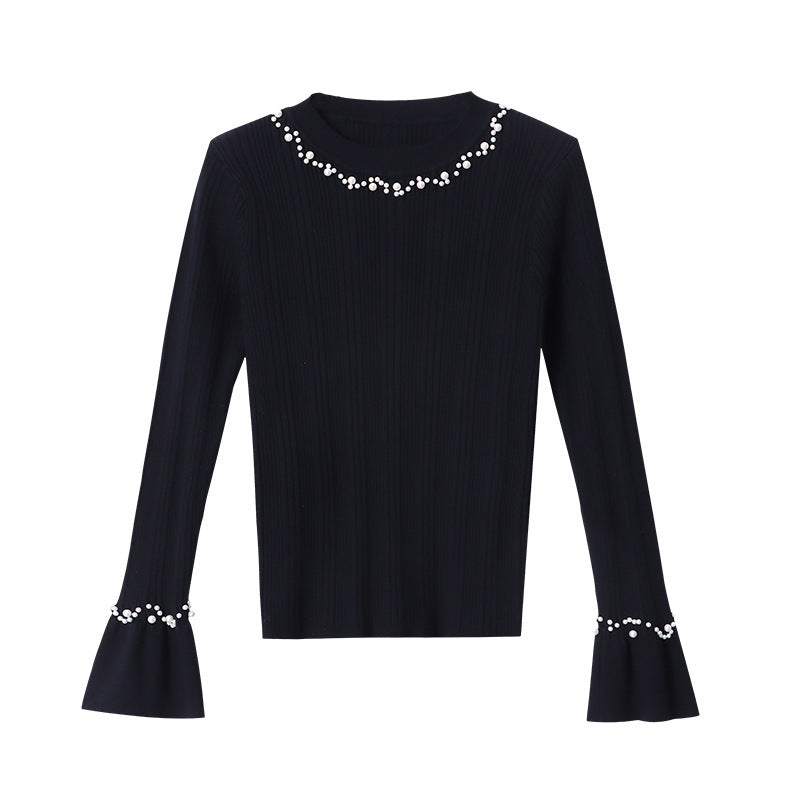 Damen Langarm Pullover Perlenschmuck Norvielle