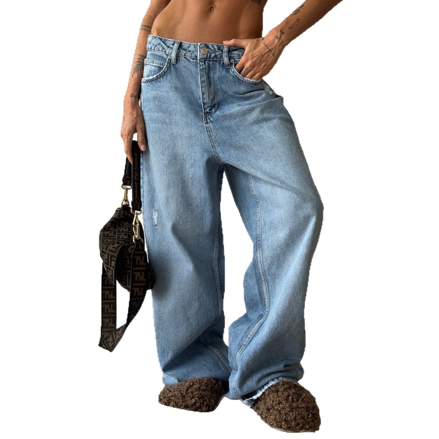 Damen Weite Jeans Destroyed Details