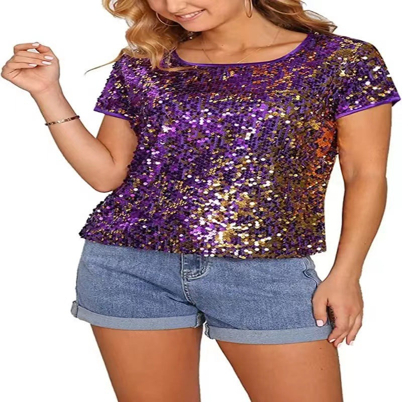 Damen Glitzerndes Pailletten T-Shirt Baumwolle Lässig