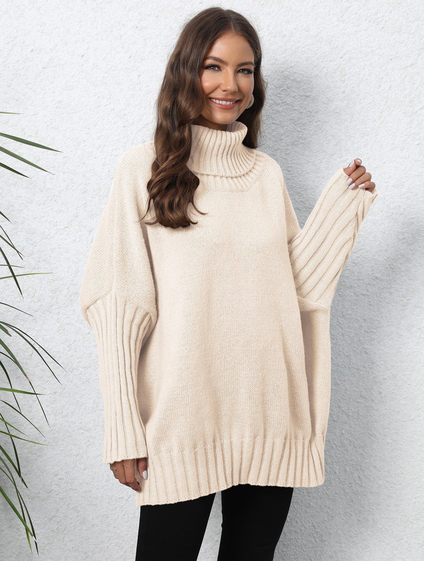 Damen Strickpullover Oversized Norvielle Hochkragen Voluminöse Ärmel