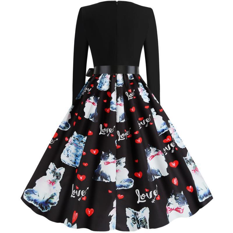 Damen Swingkleid Katzenmotiv Gürtel Elegant Norvielle