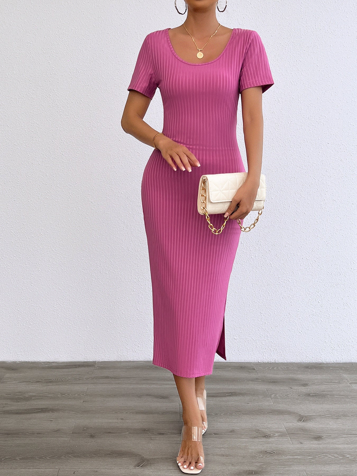 Damen Maxikleid Rippstrick Figurbetonend Kurzärmelig