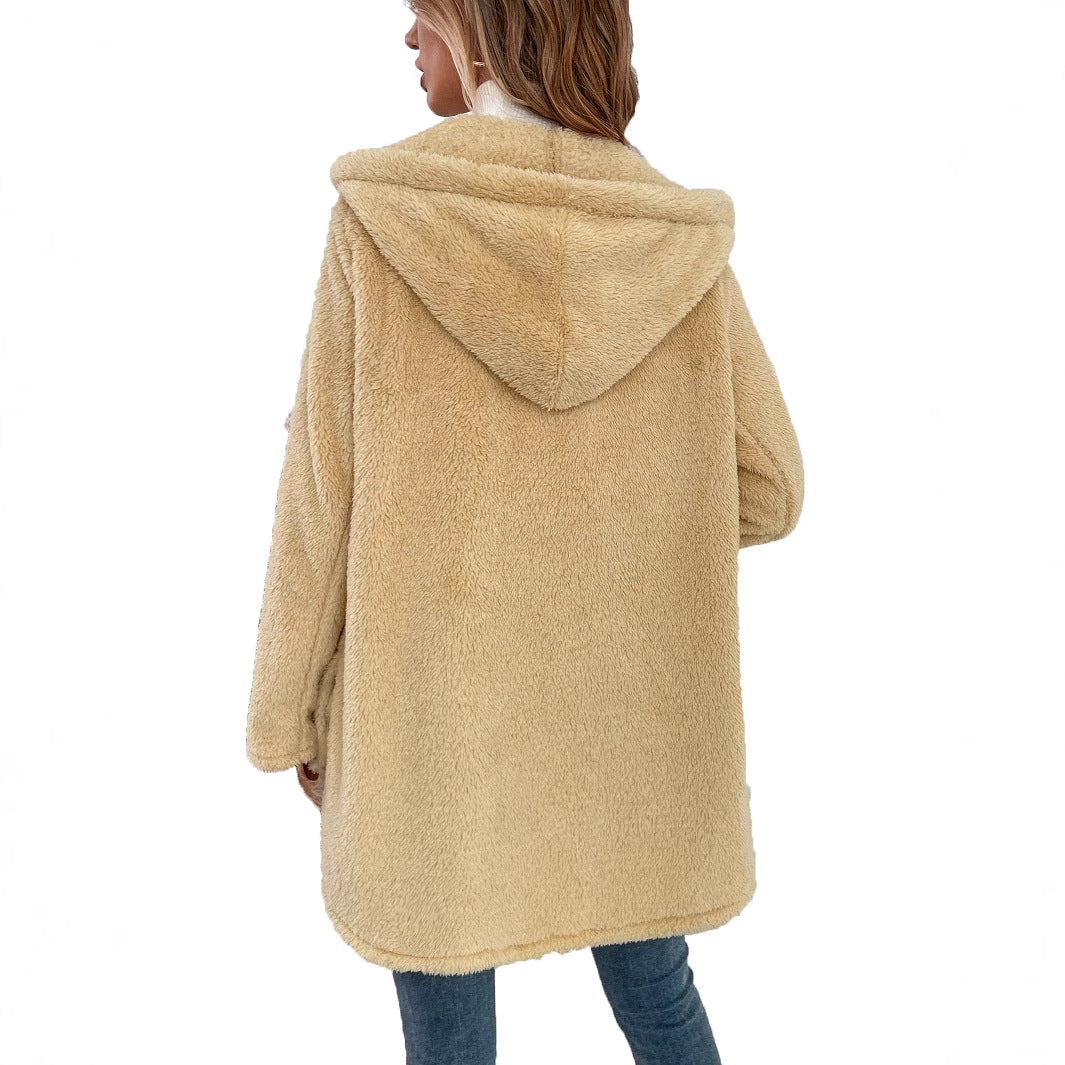 Damen Übergangsjacke Flauschig Mit Kapuze Knopfverschluss Norvielle