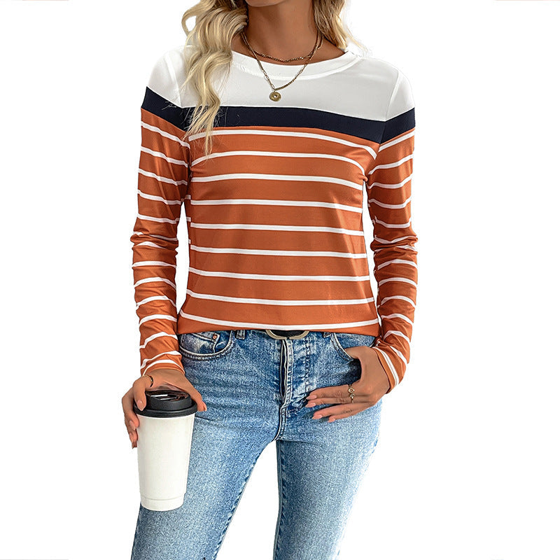 Damen Langarmshirt Kontraststreifen Lässig Weiß