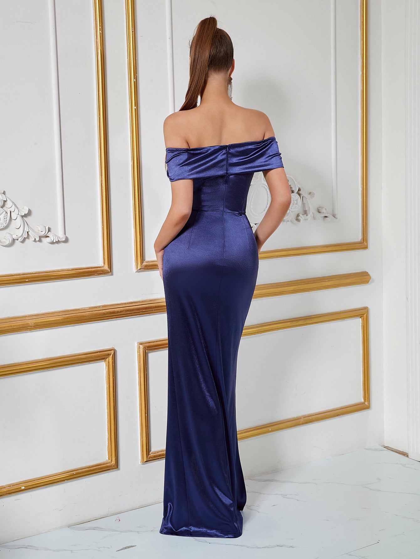 Damen Partykleid Schulterfrei Elegantem Schlitz
