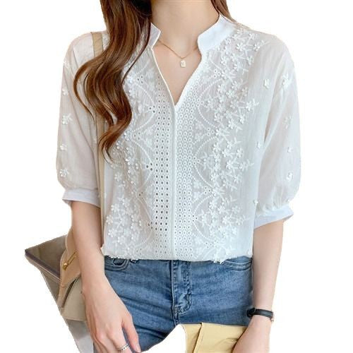 Damen Bluse Halbärmel Florale Stickerei Norvielle