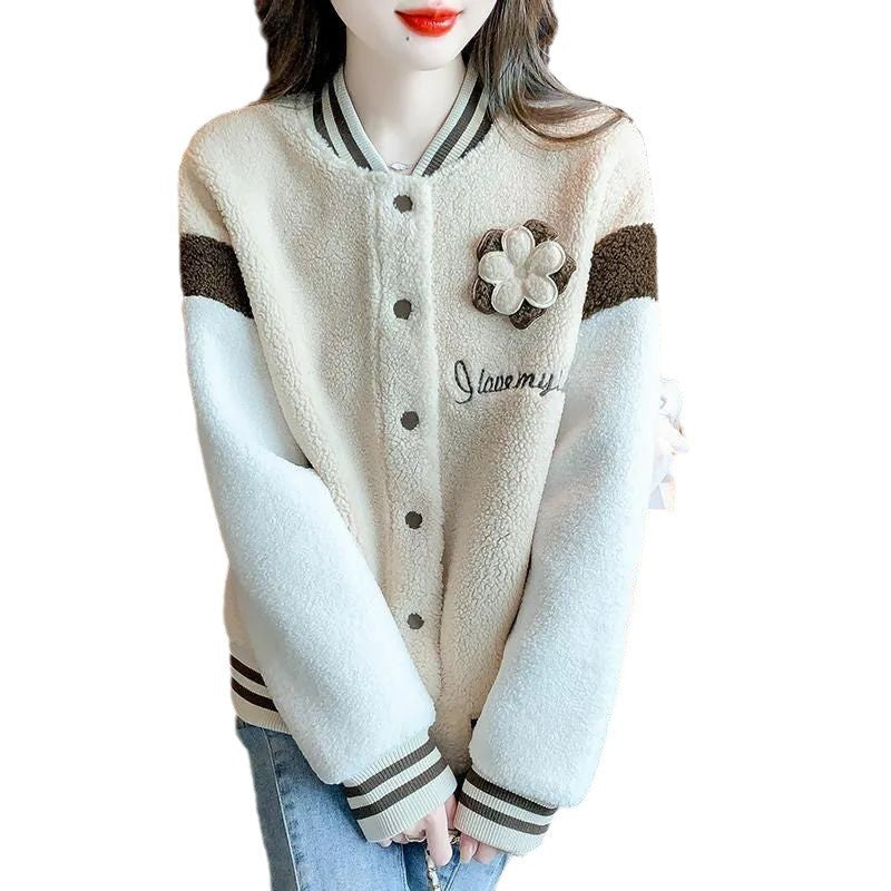 Damen Collegejacke Warm Blumendekor Knopfverschluss Norvielle