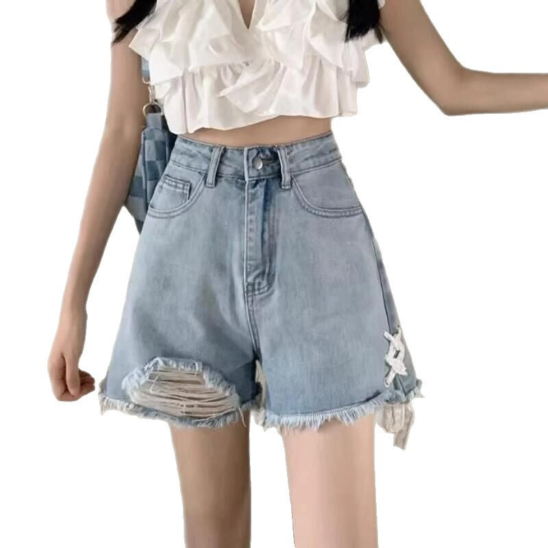 Damen Jeansshorts Destroyed Effekt Dunkelblau