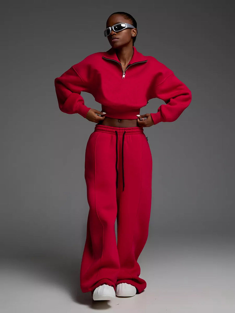 Damen Oversized Freizeit-Set mit Cropped Pullover und weiten Hosen