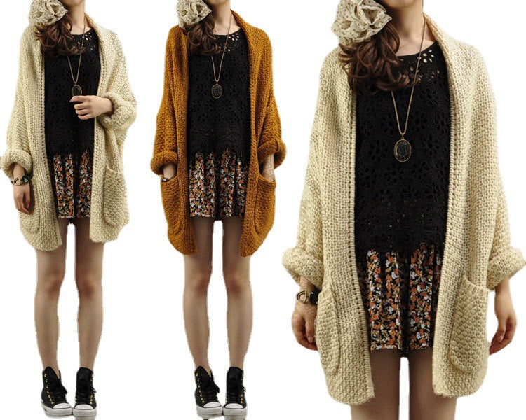 Damen Grobstrick Cardigan Offene Kanten Praktische Taschen Beige