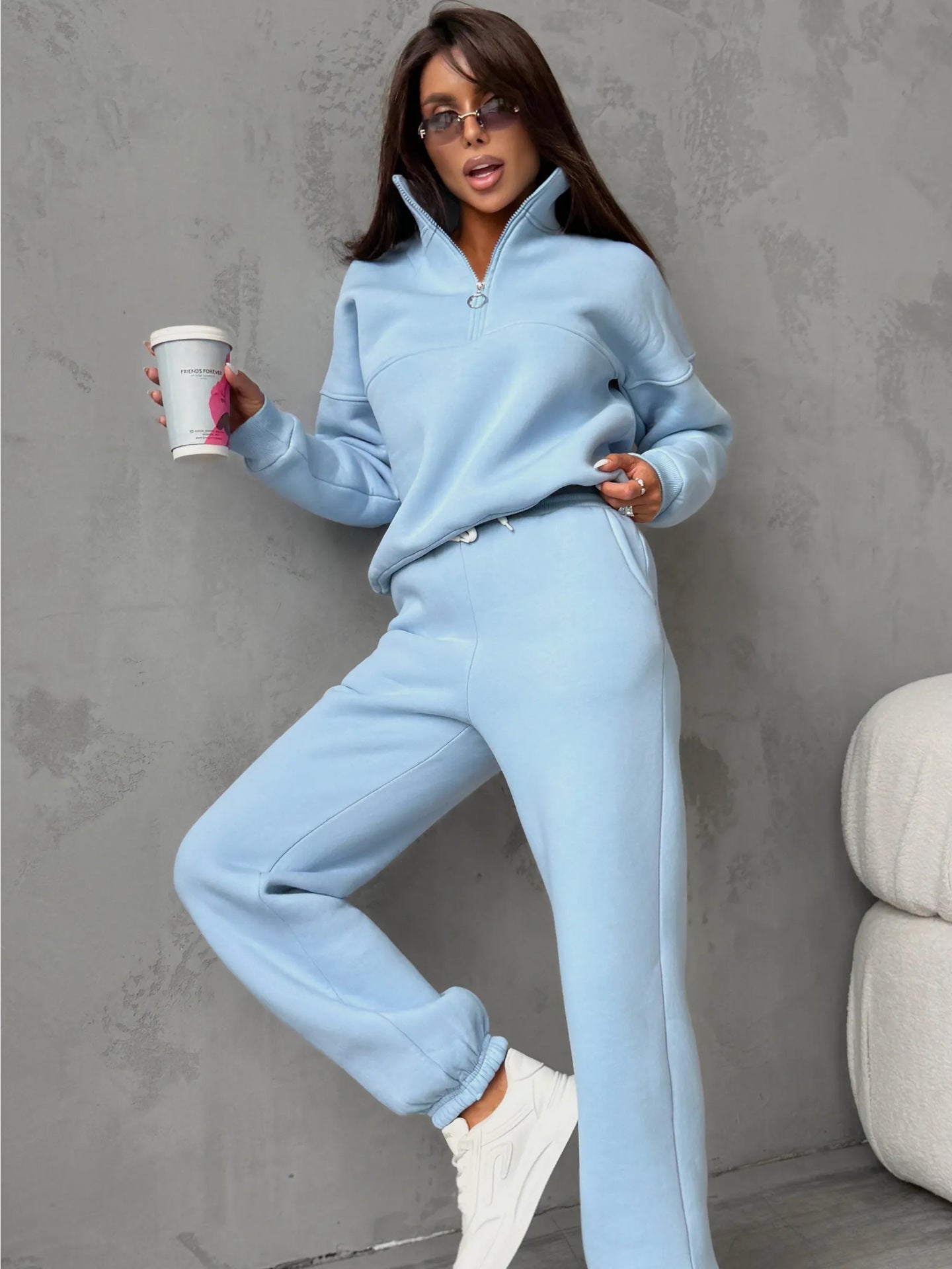 Damen Fleece-Jogginganzug Hochkragen Reißverschlussdetails