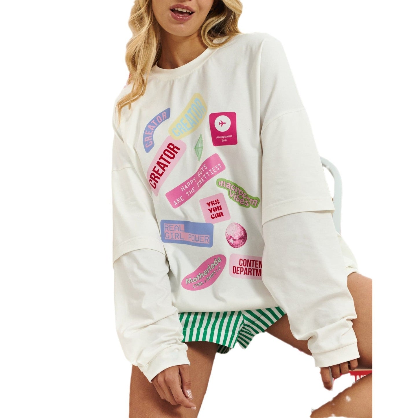 Damen Oversized Sweater Bunt Mit Grafiken