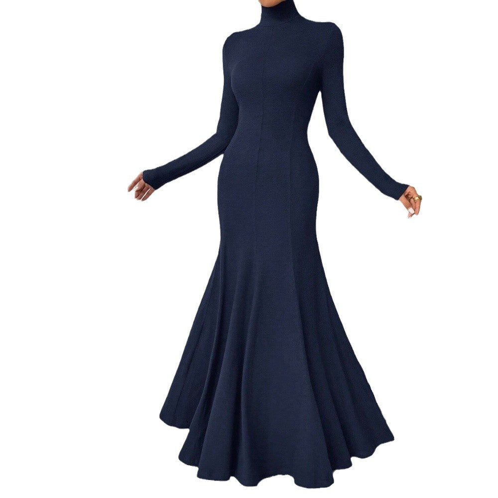 Damen Maxi-Kleid Langarm Hochkragen Schwingender Saum Norvielle
