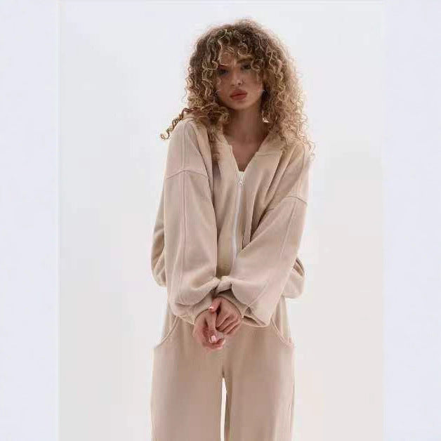 Damen Fleece-Hoodie Elastischer Bund Kuschelig Beige