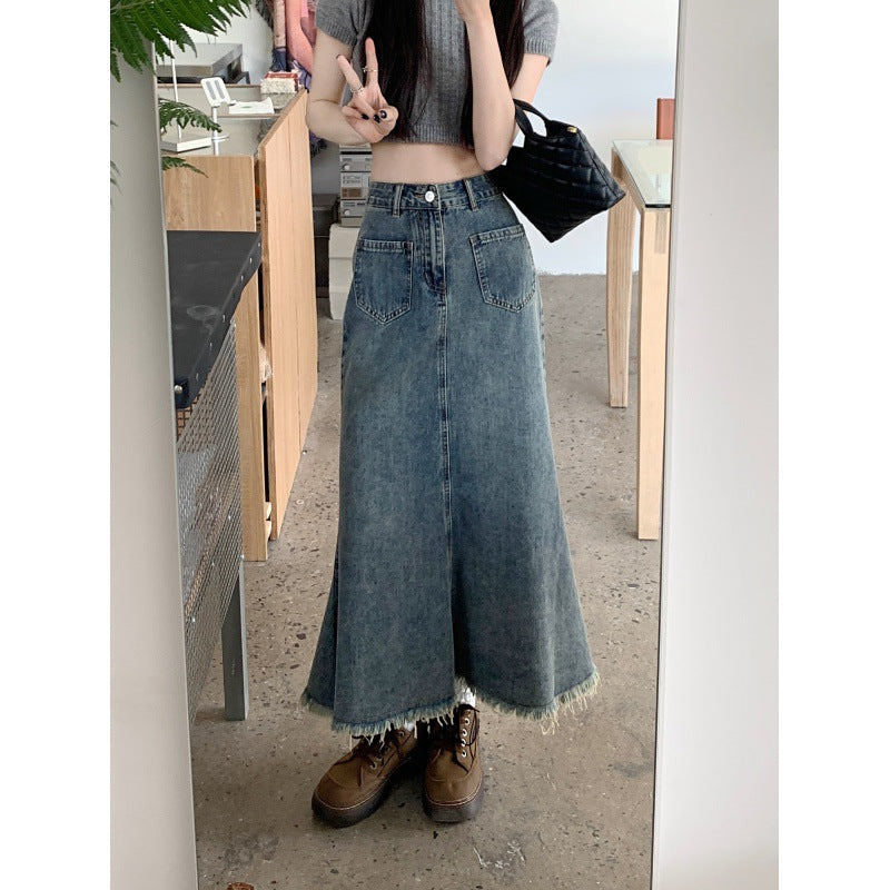 Damen Jeansrock Lang Fransiger Saum Norvielle