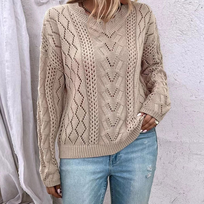 Damen Strickpullover V-Ausschnitt Netzstruktur Norvielle