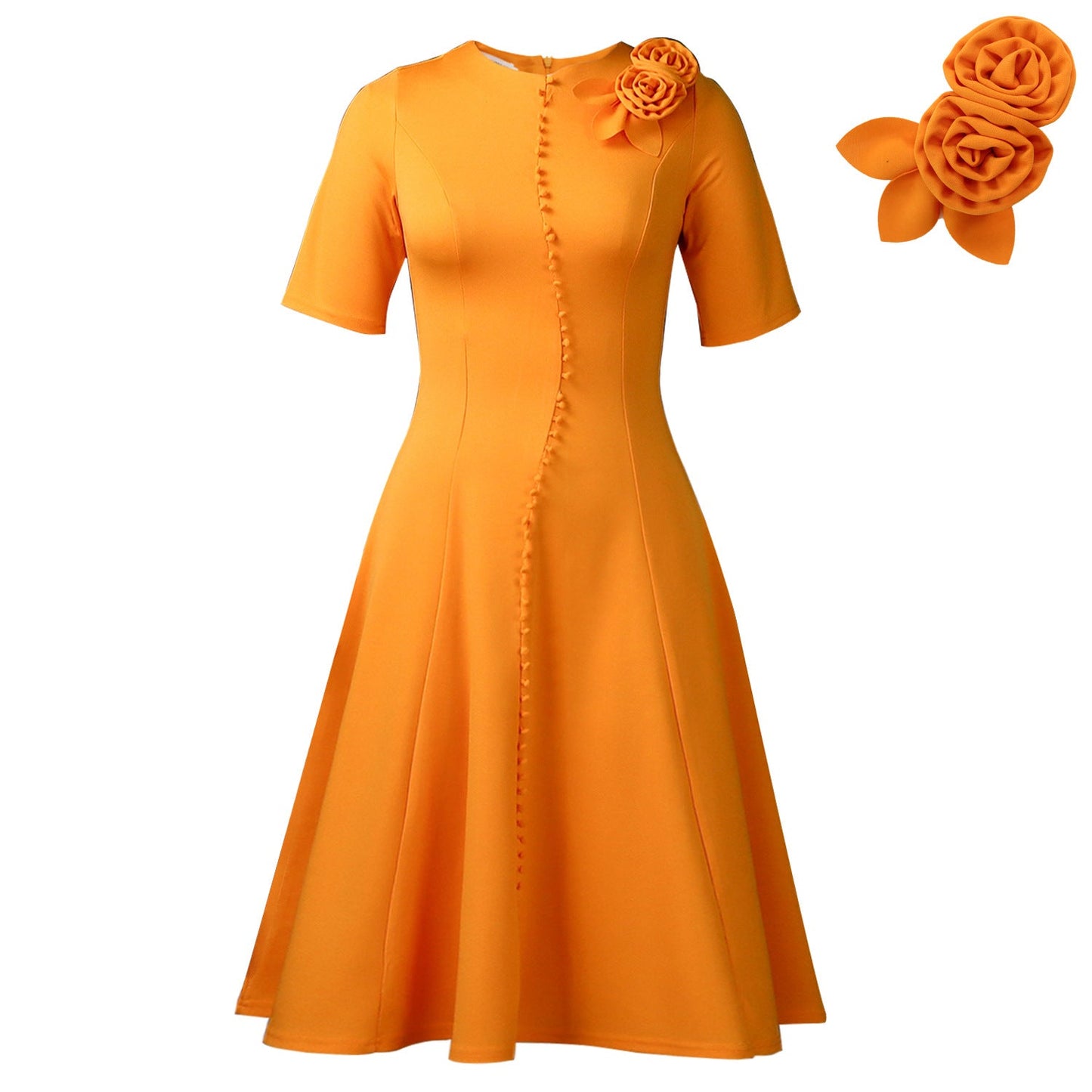 Damen A-Linien Kleid mit Knöpfen und Blumenmuster