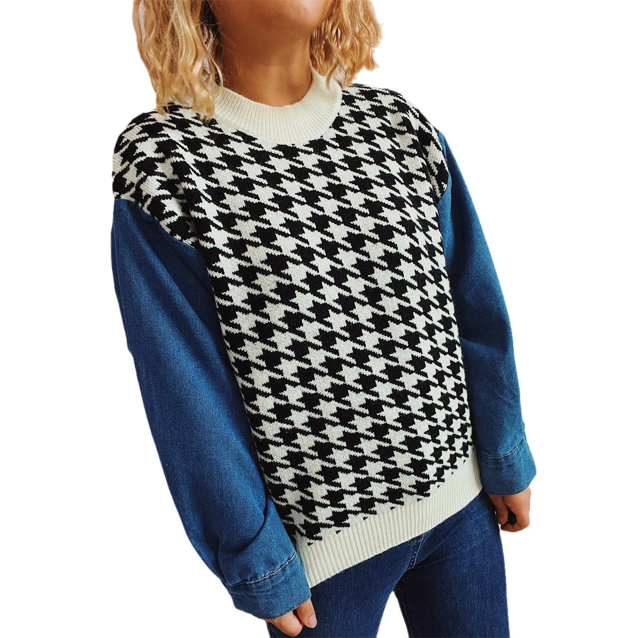 Damen Pullover Hahnentrittmuster Denim Ärmel