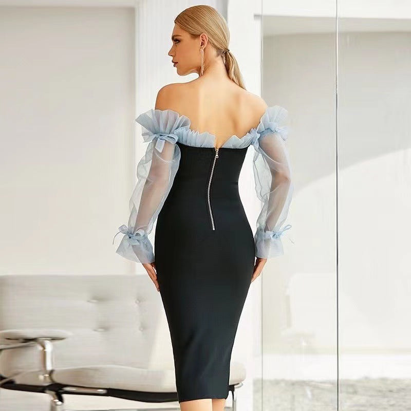 Damen Cocktailkleid Figurbetonter Stil V-Ausschnitt Puffärmel