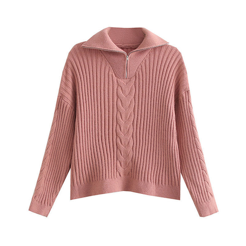 Damen Grobstrickpullover Zip-Kragen Zopf-Design Norvielle