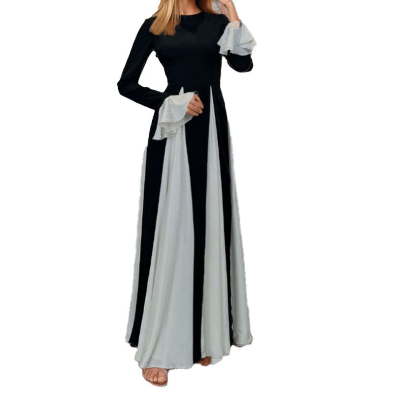 Damen Maxikleid mit Trompetenärmeln Farbkontrast