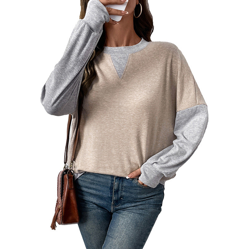 Damen Langarm-Pullover V-Ausschnitt Kontrastärmel Norvielle