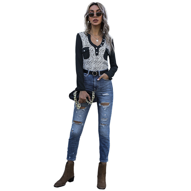 Damen Langarmshirt Leoprint Baumwolle Taschen Beige