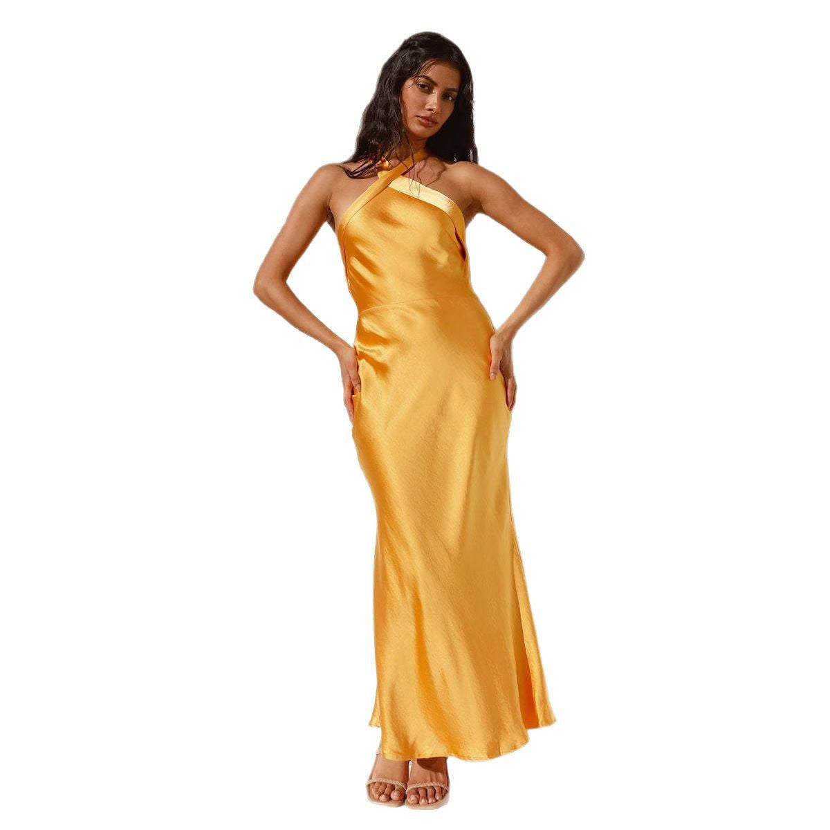 Damen Abendkleid Lang Satin Asymmetrisch