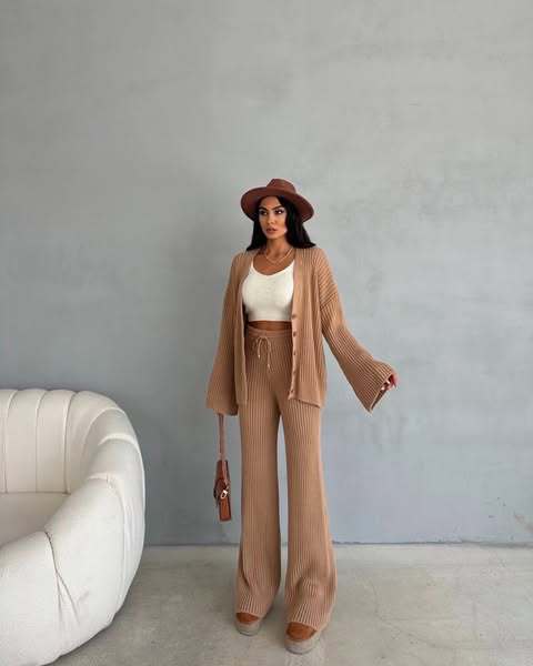 Damen Strick-Loungewear-Set V-Ausschnitt Langärmlig Norvielle