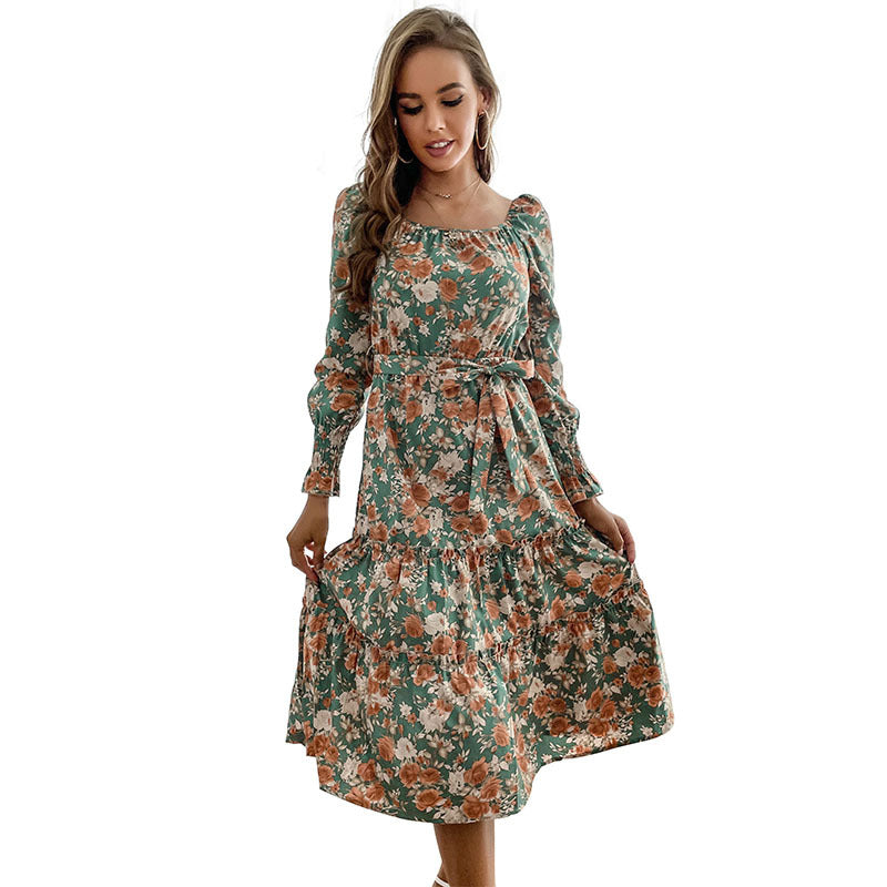 Damen Maxikleid Florale Rüschendetails Elegantes Bindeband Norvielle