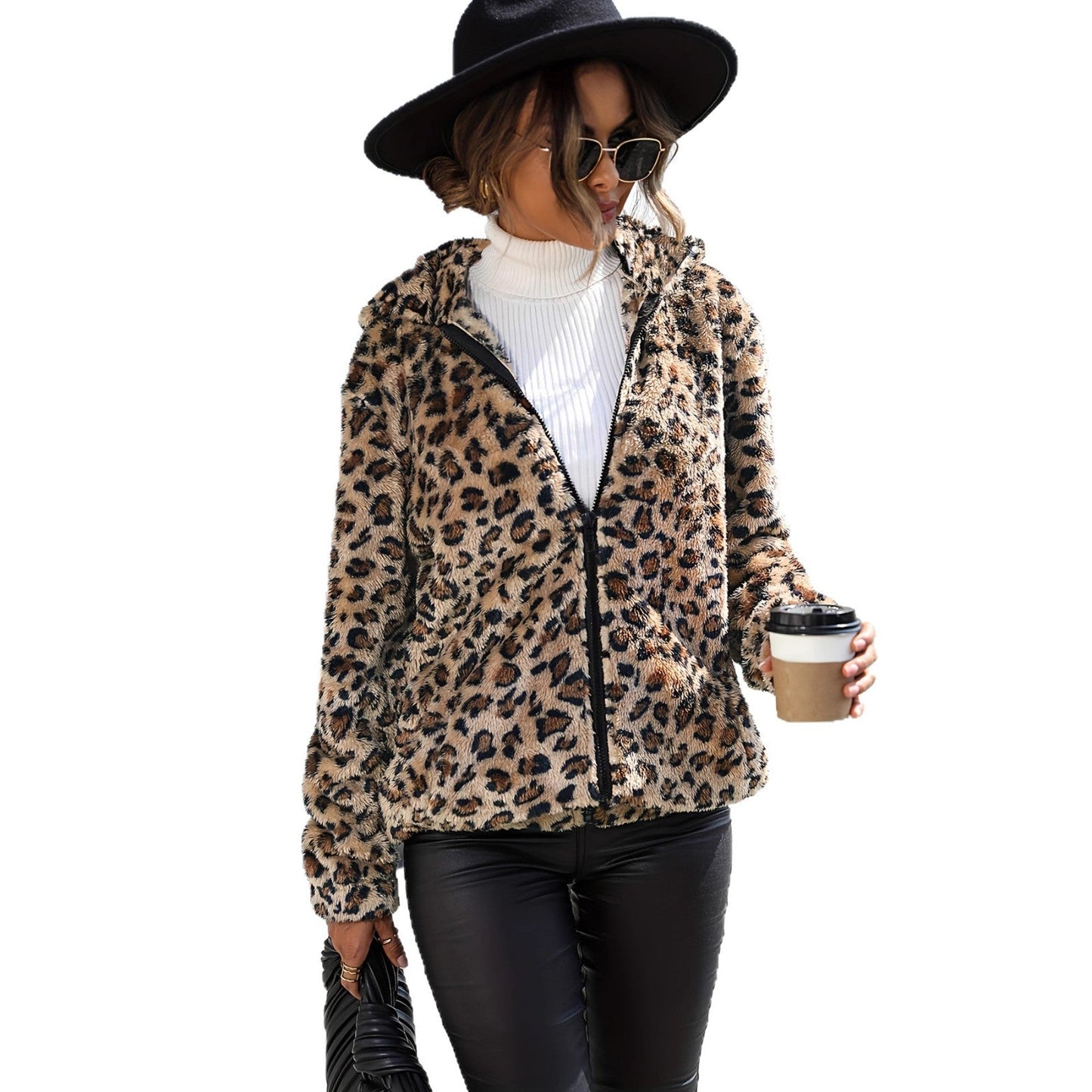Damen Fleecejacke Leopardenmuster Reißverschluss