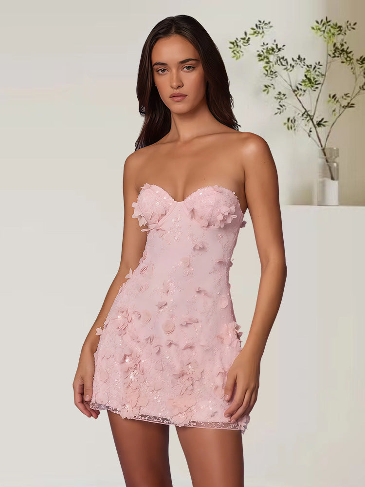 Damen Cocktailkleid Schulterfrei Florale 3D-Applikationen