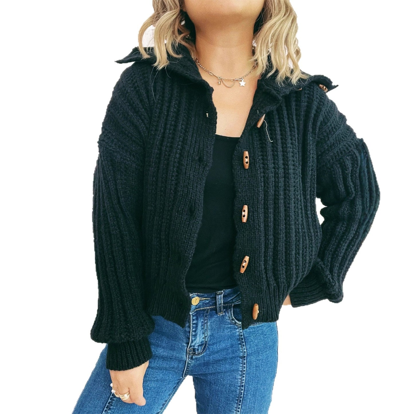 Damen Strickcardigan Mit Kapuze Knöpfe Beige