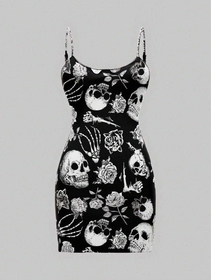 Damen Minikleid Totenkopf Rosenmotiv