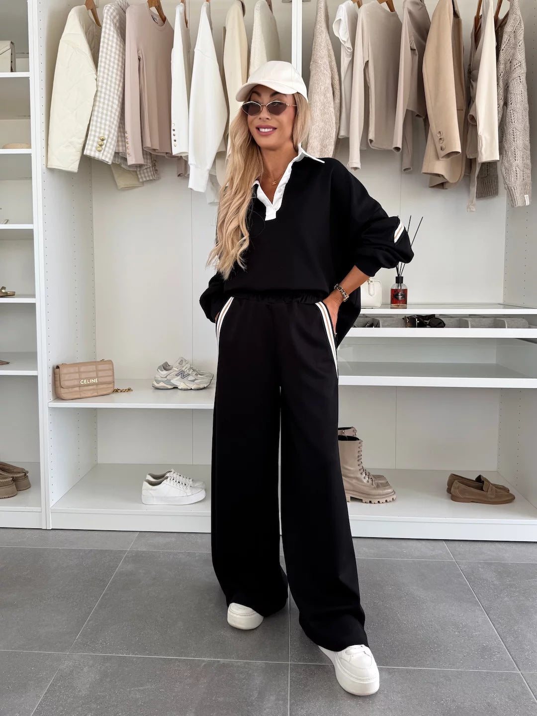 Damen Loungewear-Set mit Kragen und weiten Hosen Norvielle