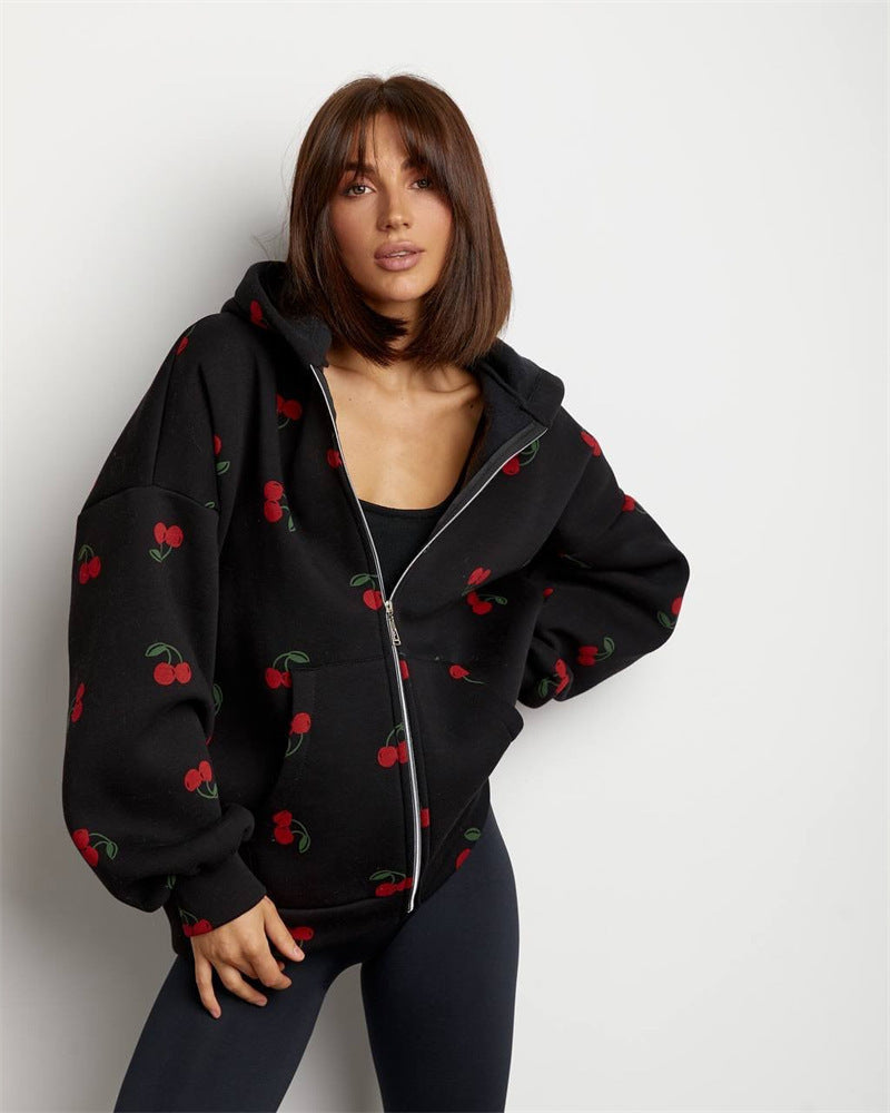 Damen Kapuzenpullover Allover-Design Reißverschluss
