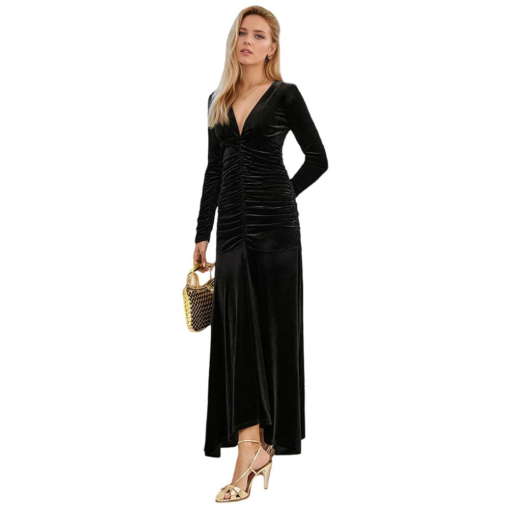 Damen Maxikleid tiefes V mit Raffung