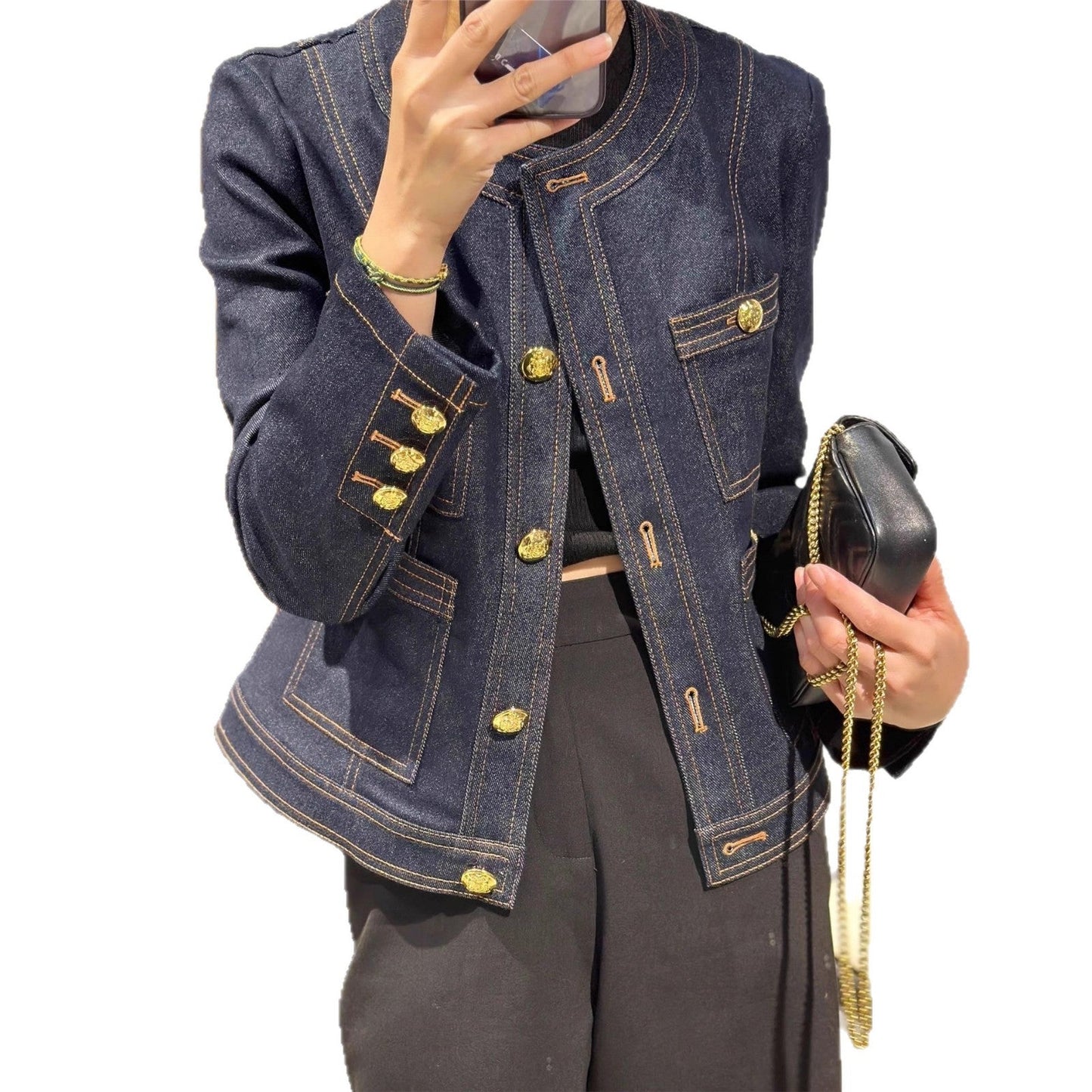 Damen Denimjacke Goldene Knöpfe