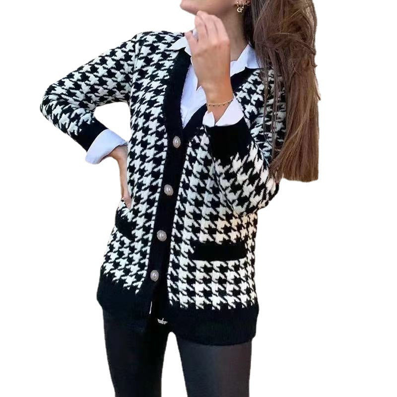 Damen Strickcardigan Hahnentrittmuster Große Knöpfe