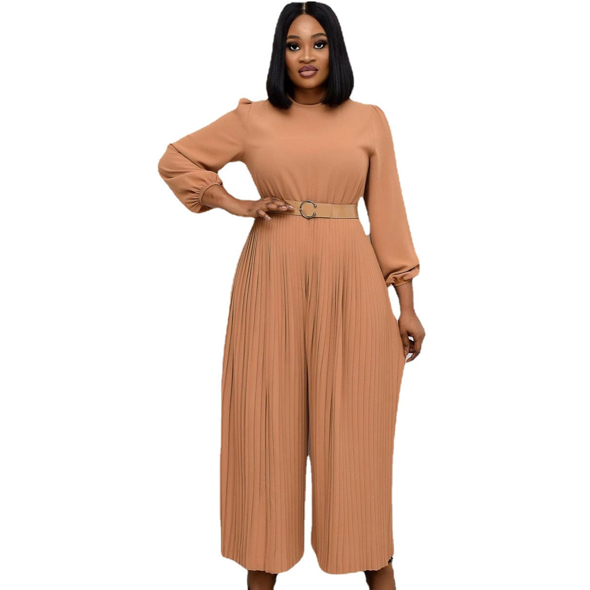 Damen Jumpsuit Plissee mit Gürtel und weiten Ärmeln Norvielle