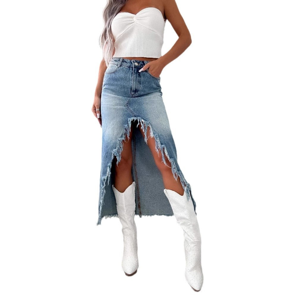 Damen Denim-Rock High-Low Fransen