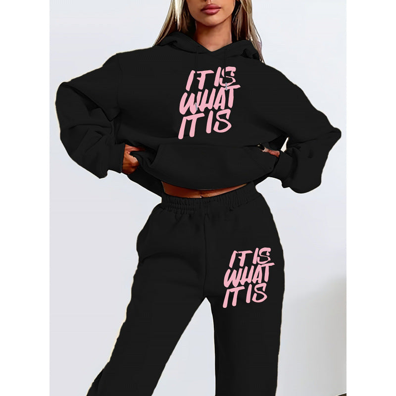 Damen Hoodie Jogginghose Set Baumwolle Mit Schriftzug Anthrazit