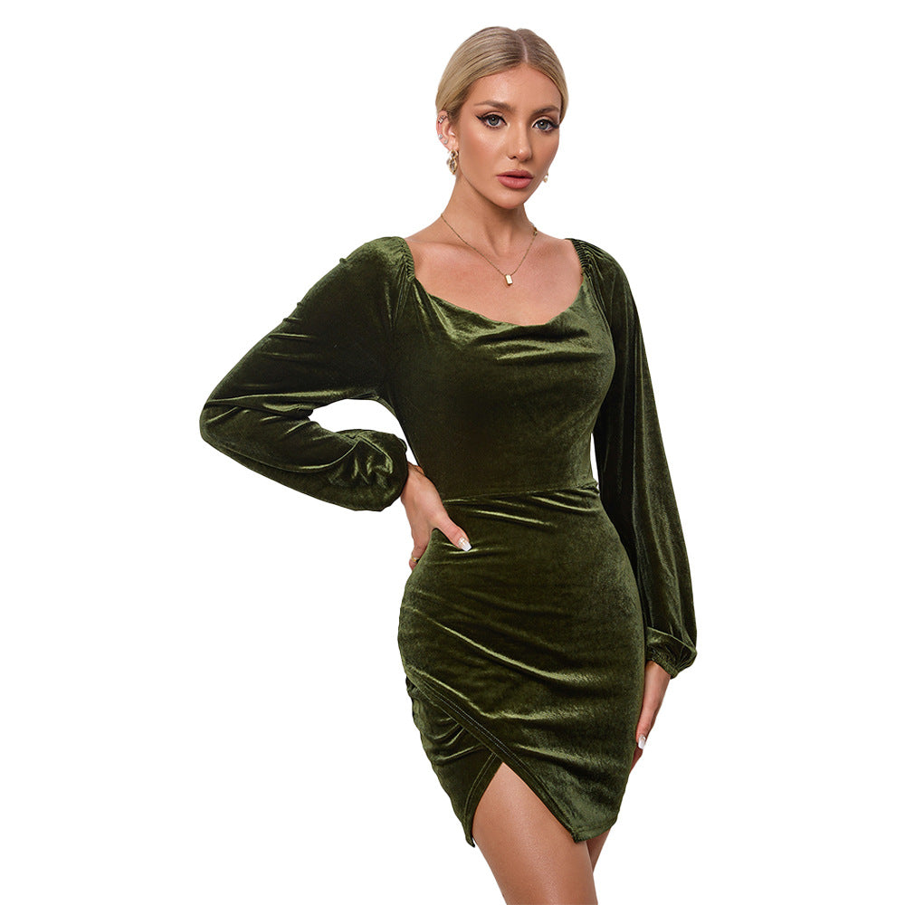 Damen Samt Minikleid mit Schlüsselausschnitt und Puffärmeln