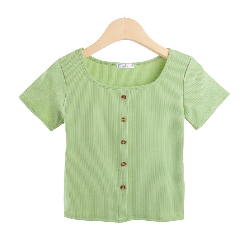 Damen Kurzarmshirt Dekorativer Knopfleiste Moderner Rippenstrick