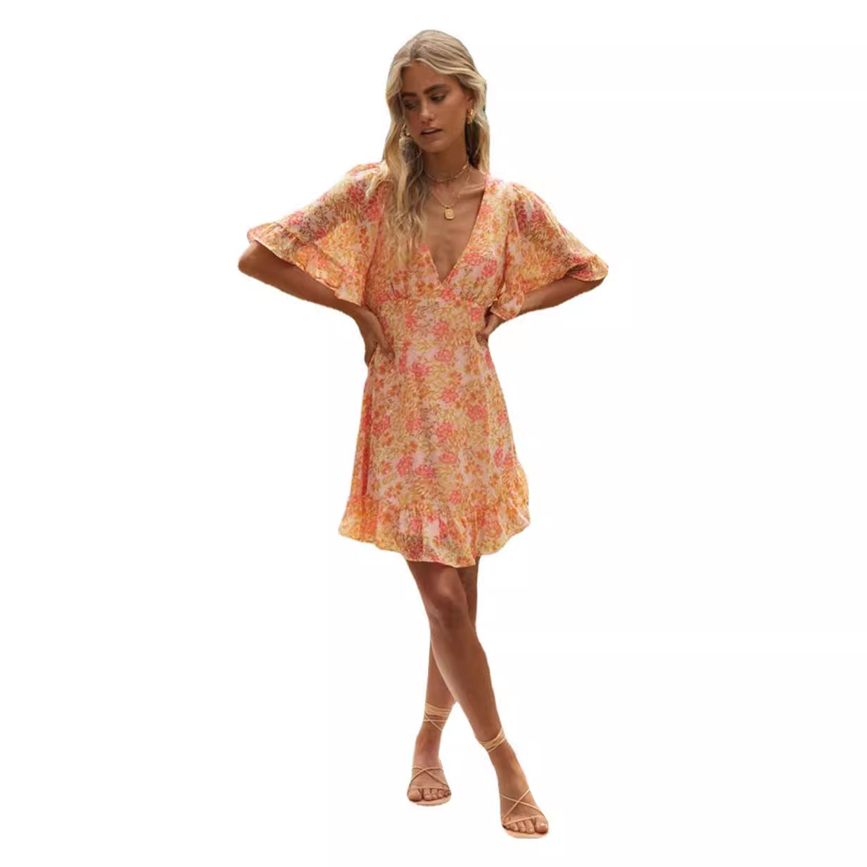 Damen Wickelkleid Voluminöse Ärmel Römischer Rückenausschnitt