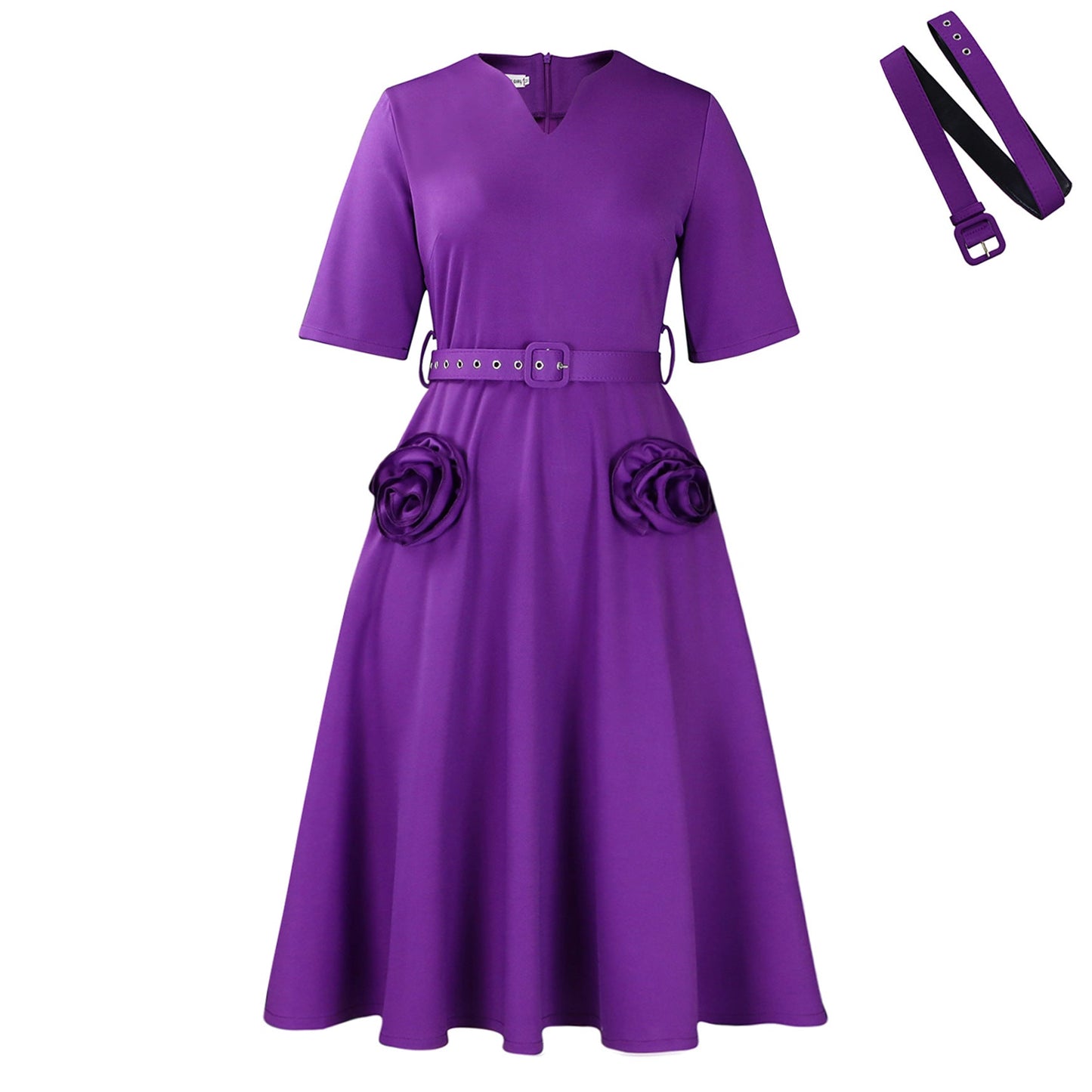 Damen Midi-Kleid mit Blumenapplikationen und Taillengürtel Norvielle