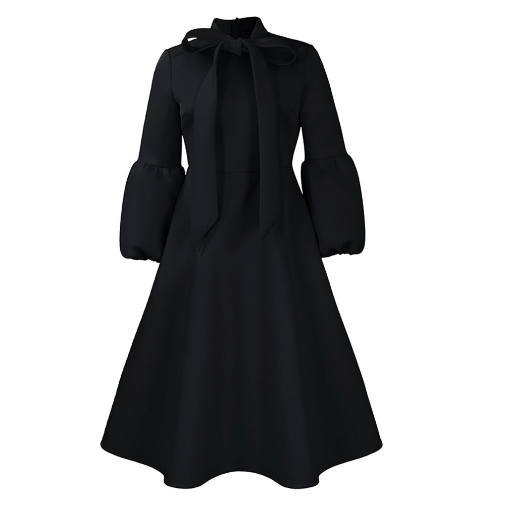 Damen Midi-Kleid Längere Puffärmel Elegante Schleife