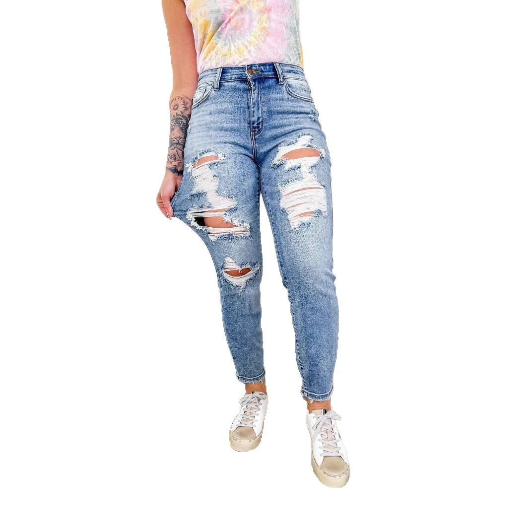 Damen High-Waist Destroyed Jeans Boyfriend-Stil