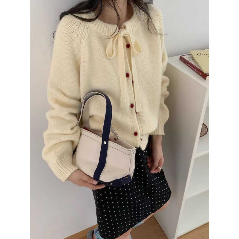 Damen Strickcardigan Leicht Mit Schleifenband Beige